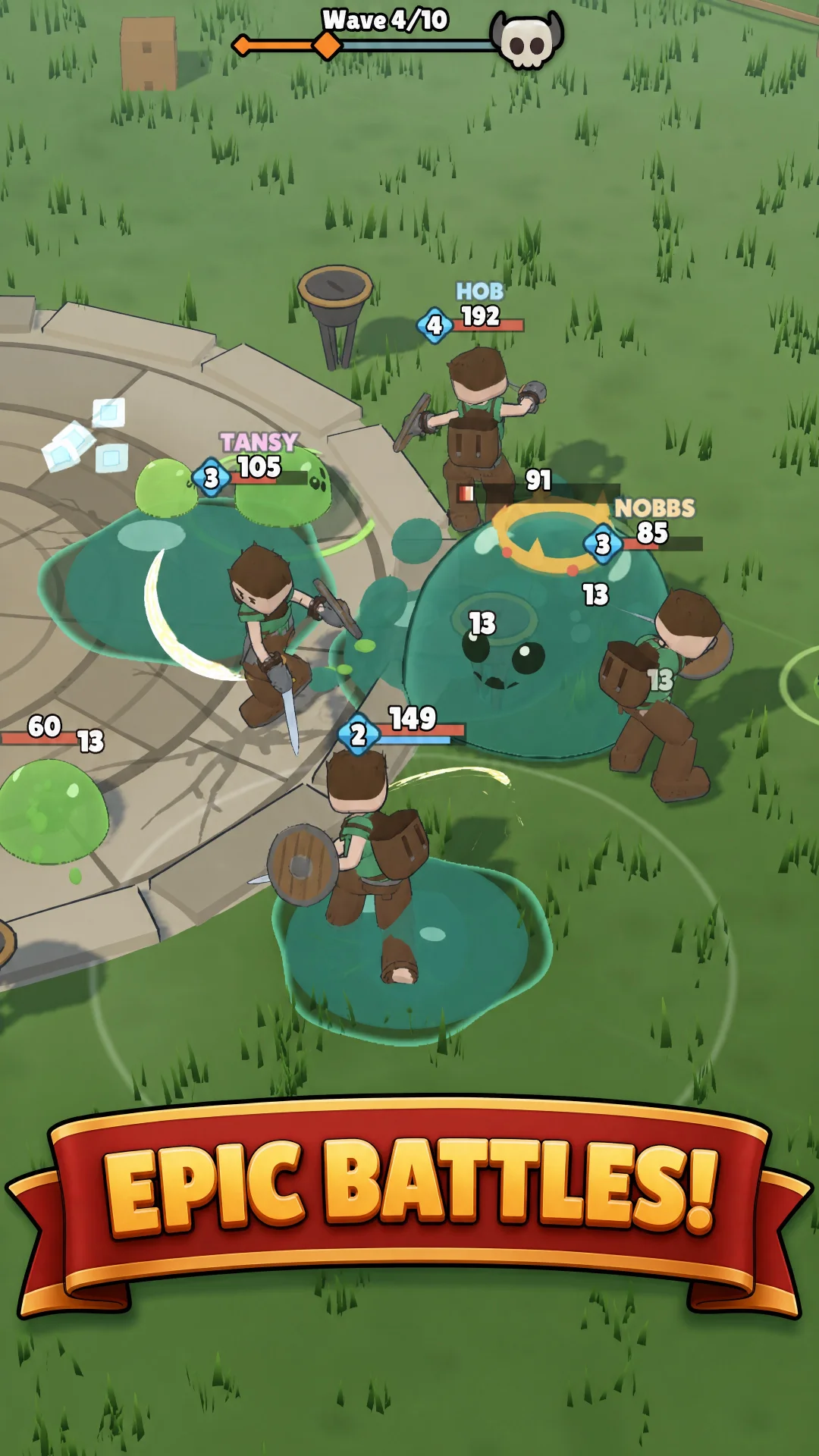 Epic battles — four heroes in one arena fighting slimes on the plaza, wave 4 of 10