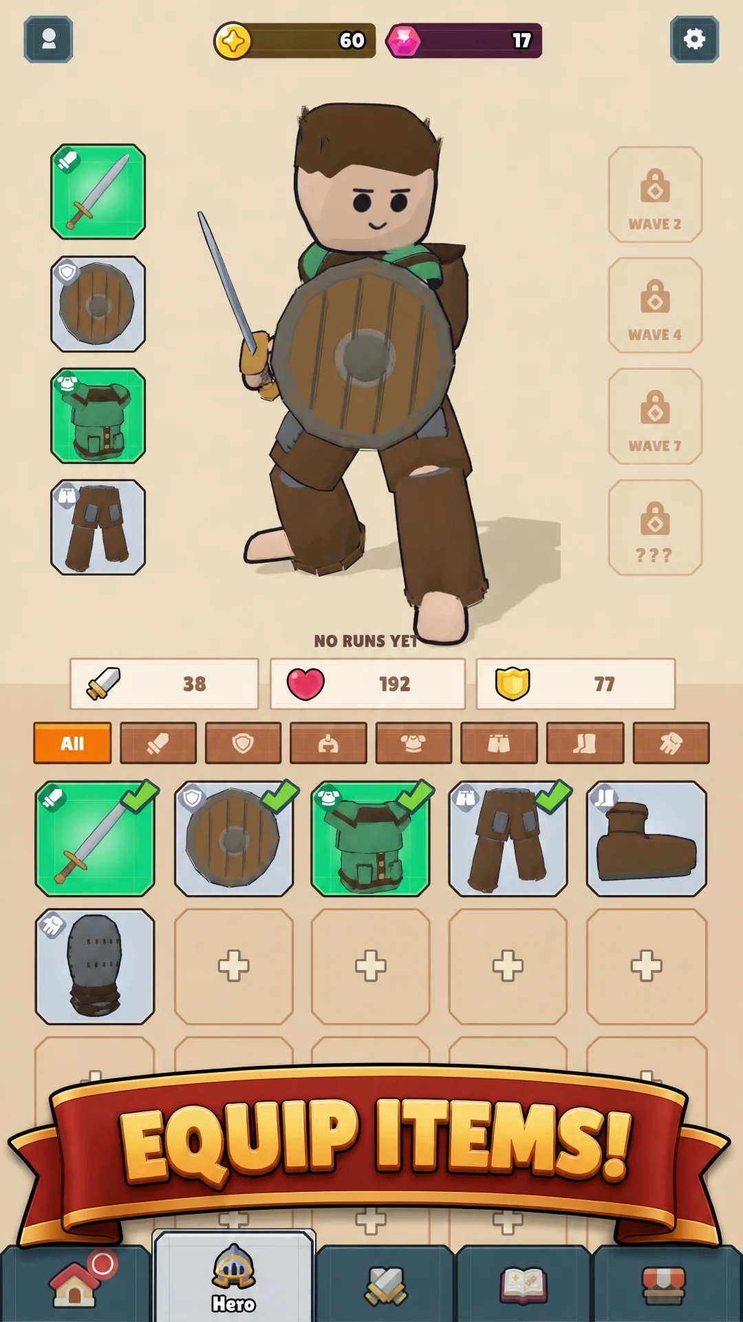 Equip items — the hero screen with equipped sword, shield, tunic and pants and the inventory grid