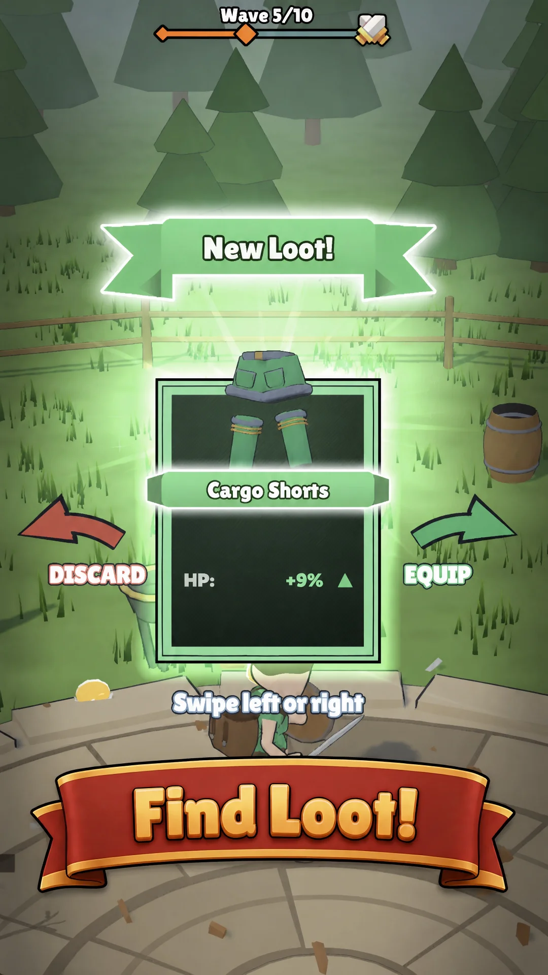 Find loot — the New Loot card for Cargo Shorts, swipe left to discard or right to equip