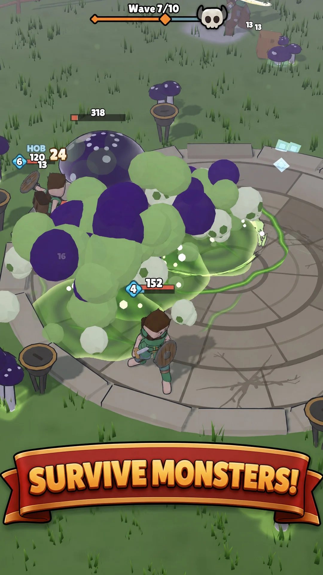 Survive monsters — a mushroom spore cloud rolls over the plaza on wave 7 of 10