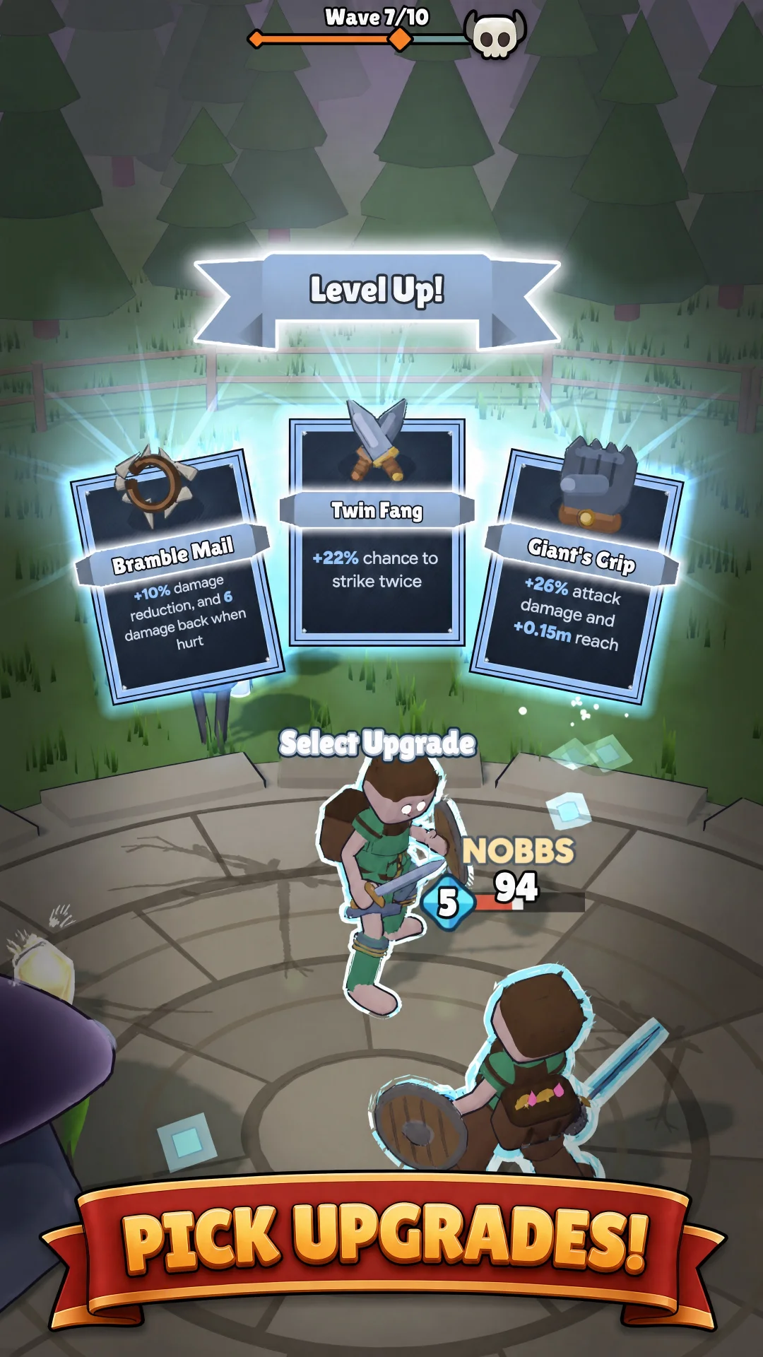 Pick upgrades — the Level Up card with three upgrades: Bramble Mail, Twin Fang, Giant's Grip