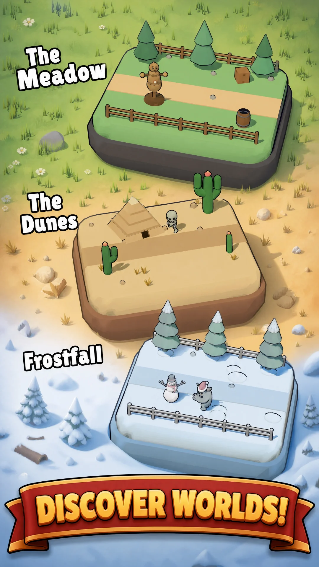 Discover worlds — the Meadow, the Dunes and Frostfall as floating islands on the world map